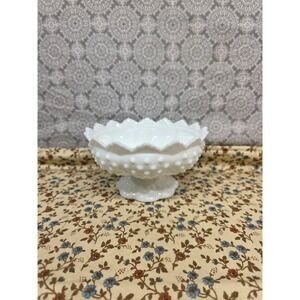 Vintage White Milk Glass Footed 6 Candle Bowl Hobnail Scalloped Edge Fenton